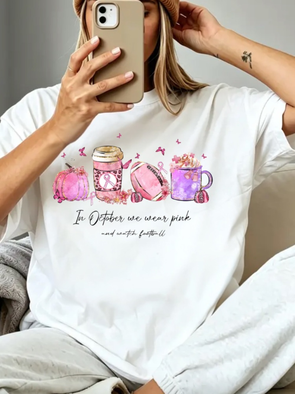 Breast Cancer Awareness Pink Fall Graphic Tee - In October we wear pink